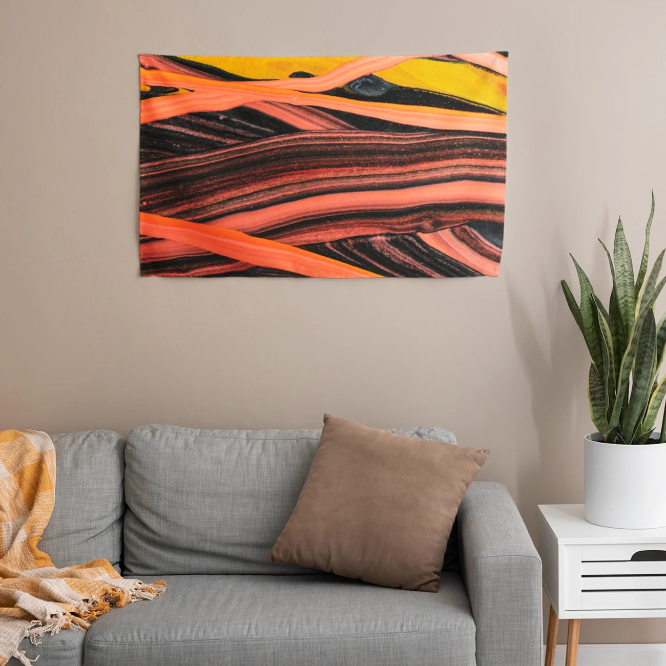 Turuncu Siyah Soyut Duvar Örtüsü Satın Al